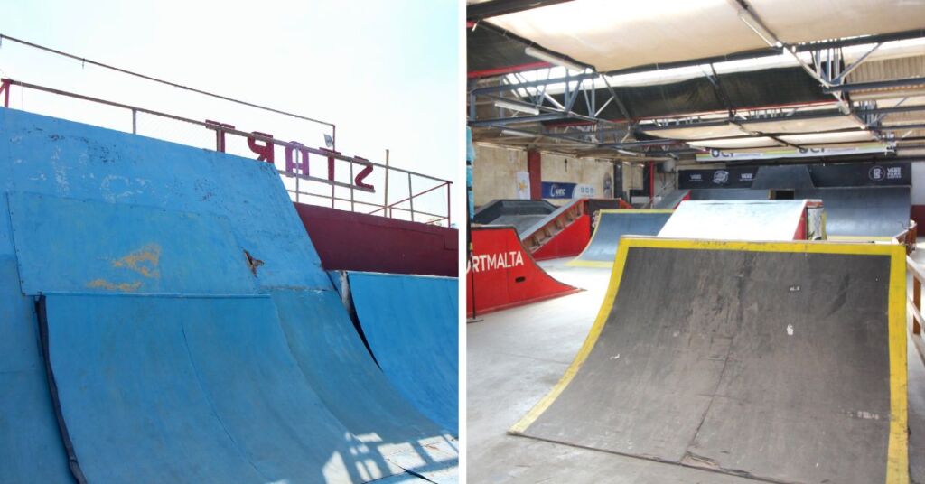 Ramps in both the indoor and outdoor parks show signs of wear and tear