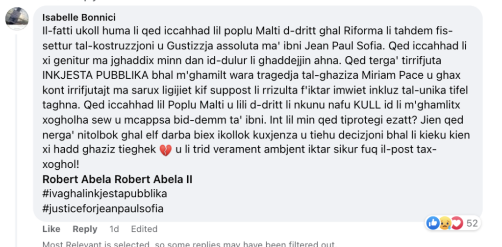 A comment left by Bonnici under a Facebook post by Robert Abela