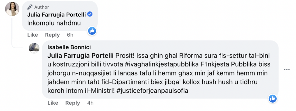 A comment left by Bonnici under a Facebook comment by Minister Julia Farrugia Portelli