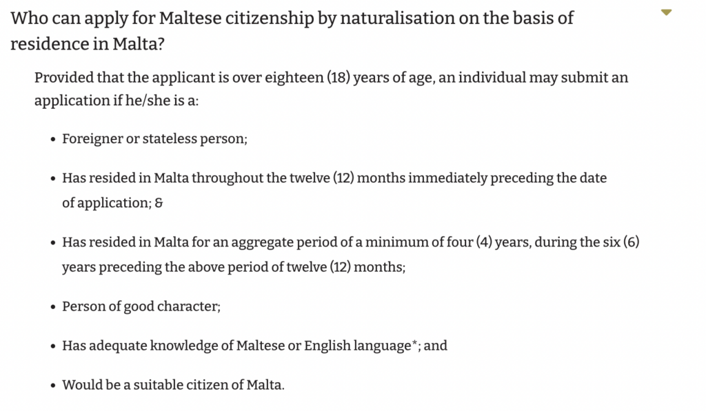 Prerequisites for Maltese naturalisation specified in the Komunità Malta scheme