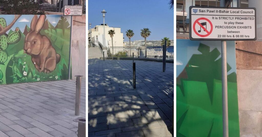 While the instruments have been removed, the metal poles which once (symbolically) supported children's musical aspirations are still jutting out of the ground