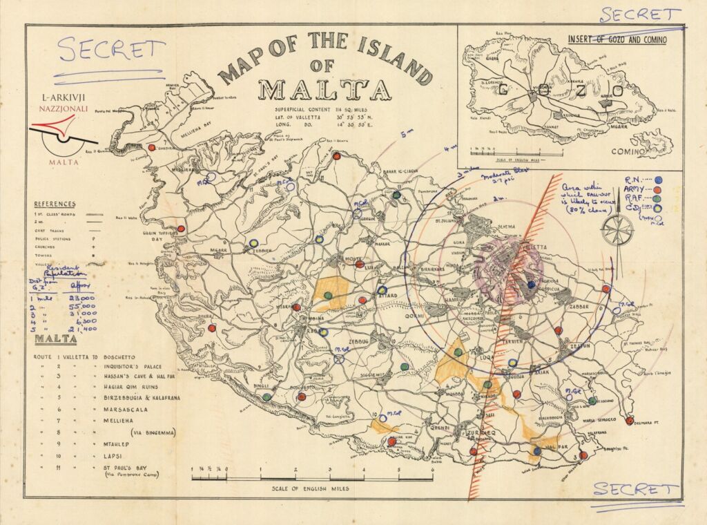 A map that forms part of the records at the National Archives related to the preparations in case Malta is attacked with an atomic bomb in the 1950s. The scenario was a 1 megaton bomb over Senglea with a northwesterly wind, the most common in Malta. The map includes information about the population living within the first 5 miles of ground zero and the stations of the Royal Navy (R.N.), the Army, the Royal Air Force (R.A.F.) and the Civil Defence (C.D.).