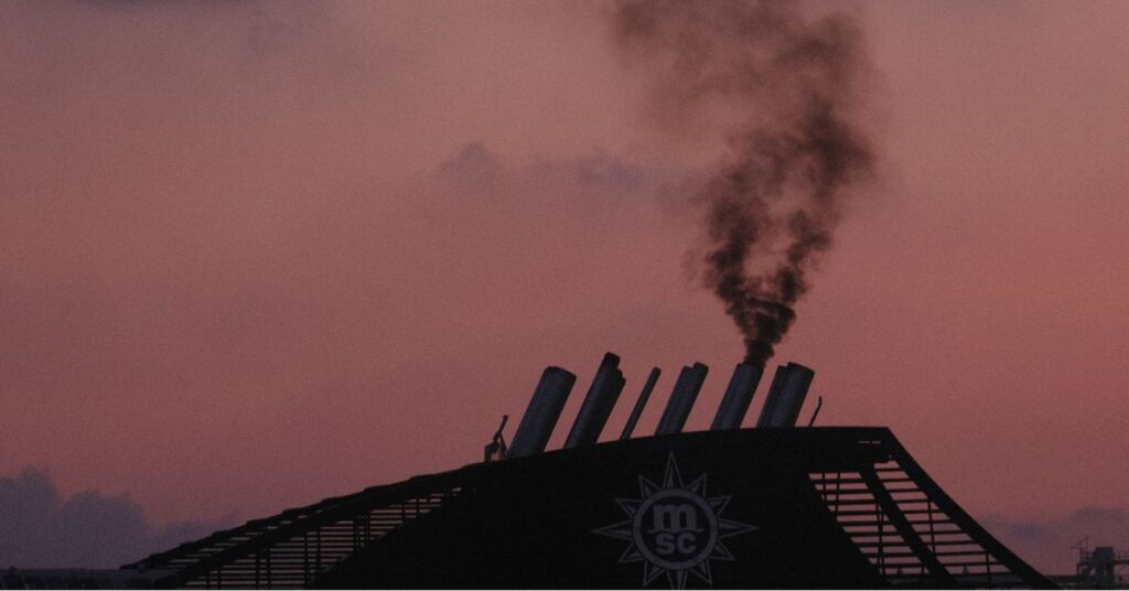 Exhaust from MSC Fantasia while docked in Palumbo Shipyard for repairs.