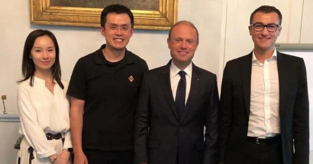 Changpeng Zhao (second from left) with Joseph Muscat and Silvio Schembri