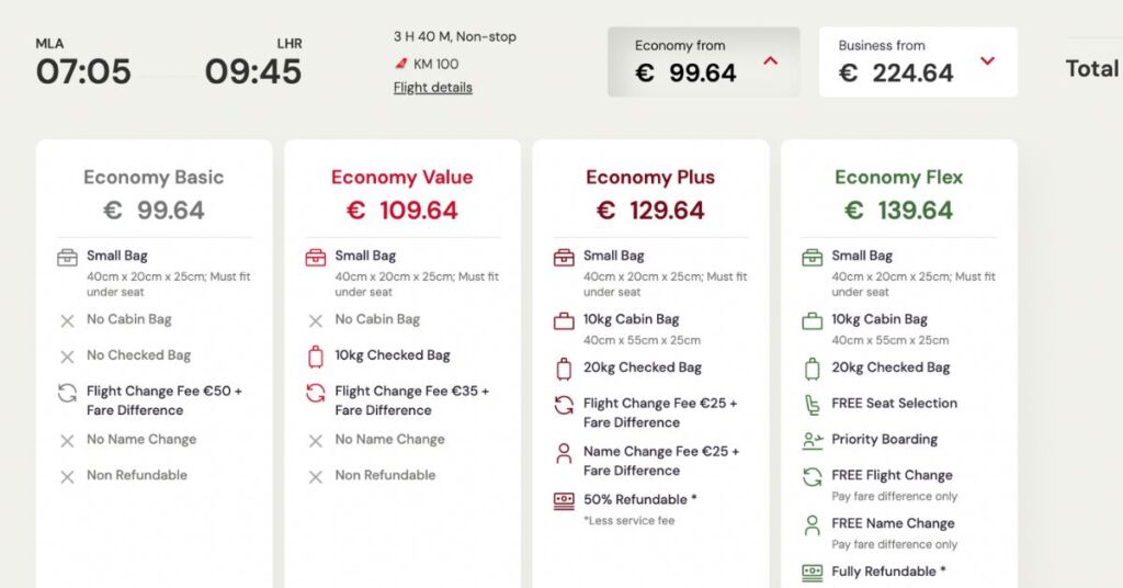 KM Malta Airlines' four economy tiers