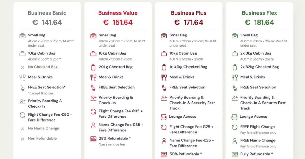 KM Malta Airlines' four business tiers