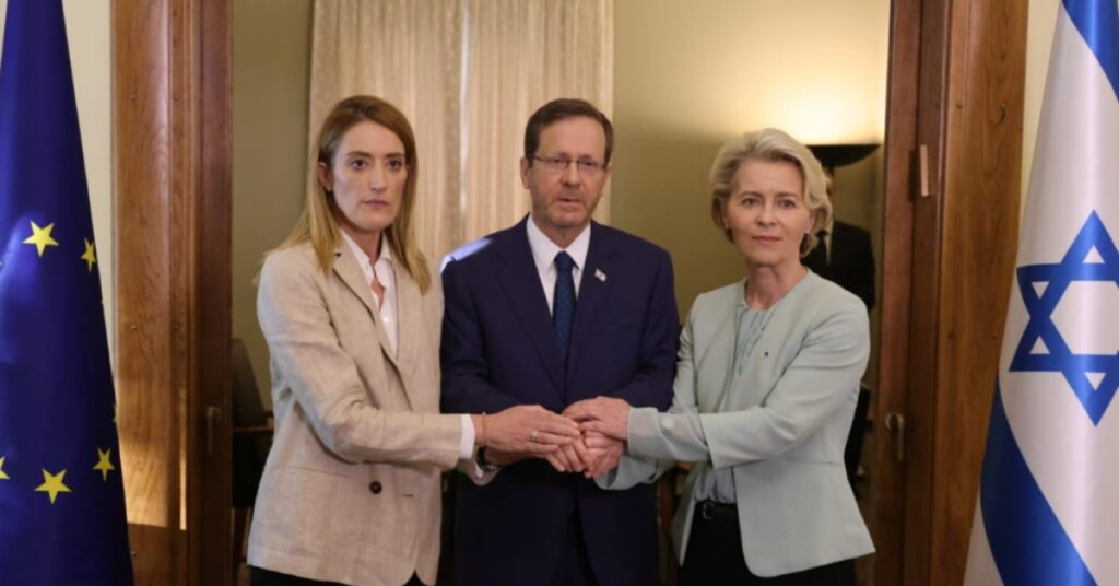 Metsola and von der Leyen with Israeli President Isaac Herzog who just a few days later declared that there were 